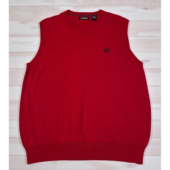 Chaps Men's Sleeveless Sweater Vest Large Red V-Neck Cotton Stretch Preppy - Picture 1 of 8
